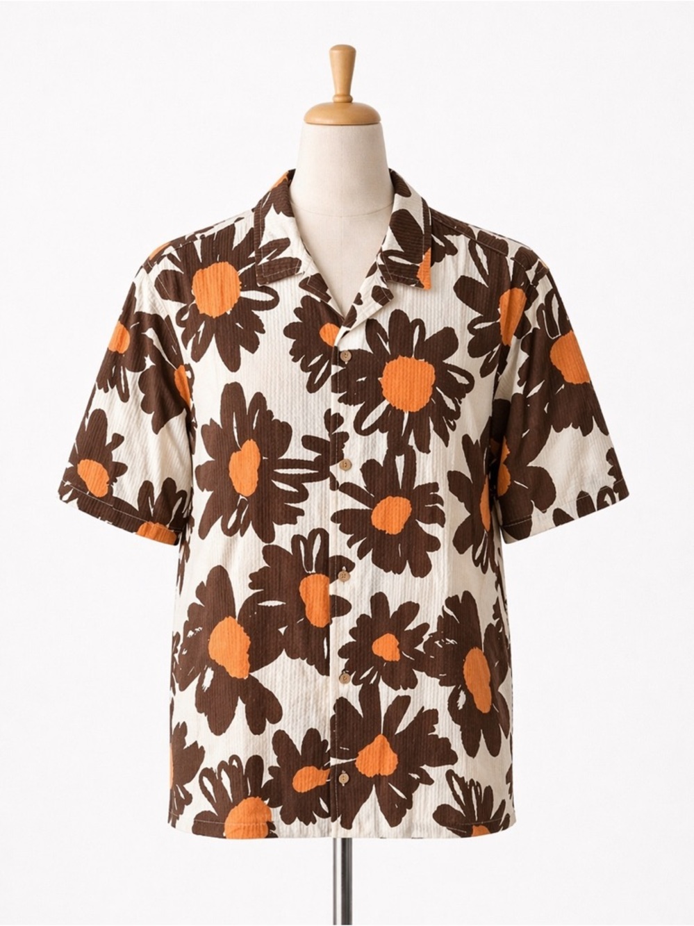 Folk Men's Floral Cotton Shirt Brown and Orange Large